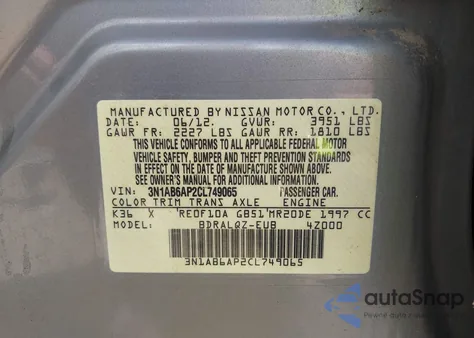 2012 Nissan Sentra 2.0 z USA, uszkodzony, nr VIN 3N1AB6AP2CL749065